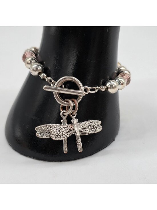 Jewelry - Dragonfly Charm Beaded Bracelet Toggle Clasp Silver & Pink Accents 8" Long